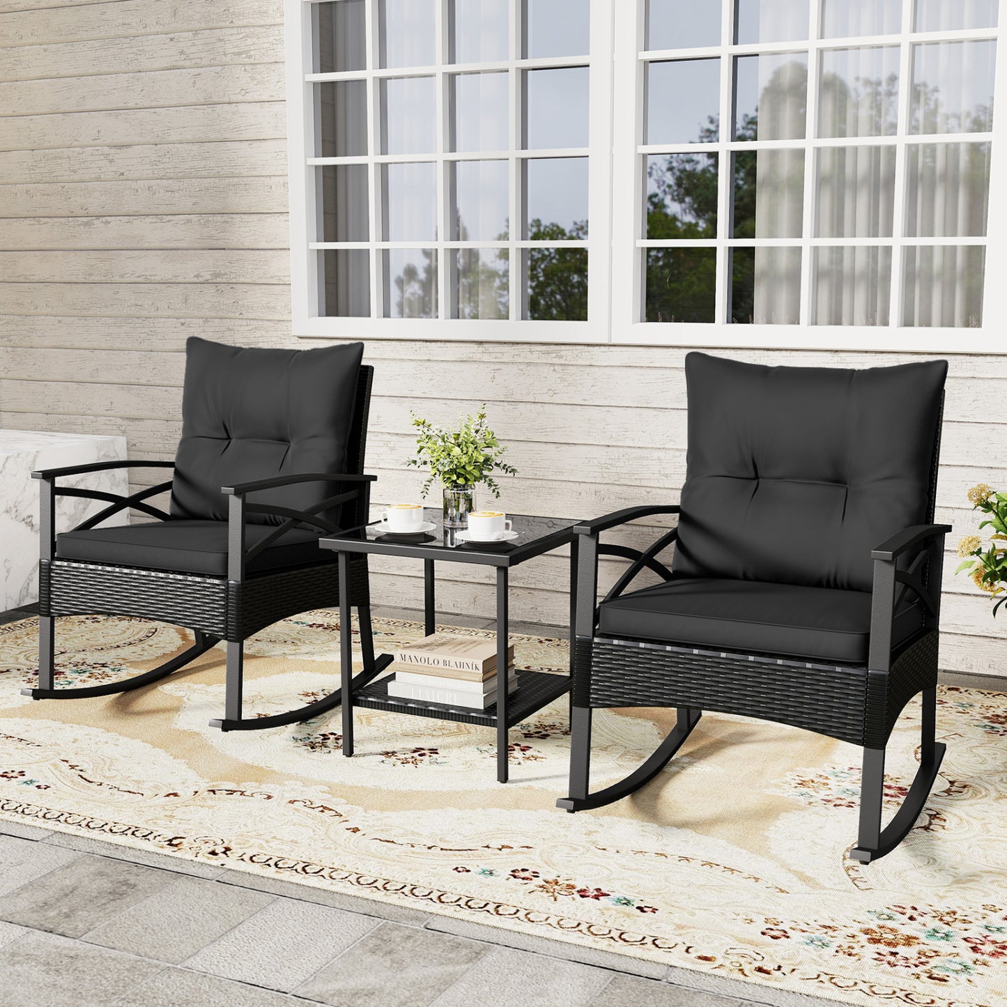 3 Pieces Outdoor Rattan Rocking Chairs Set with 2-Tier Side Table for Garden Backyard-Black