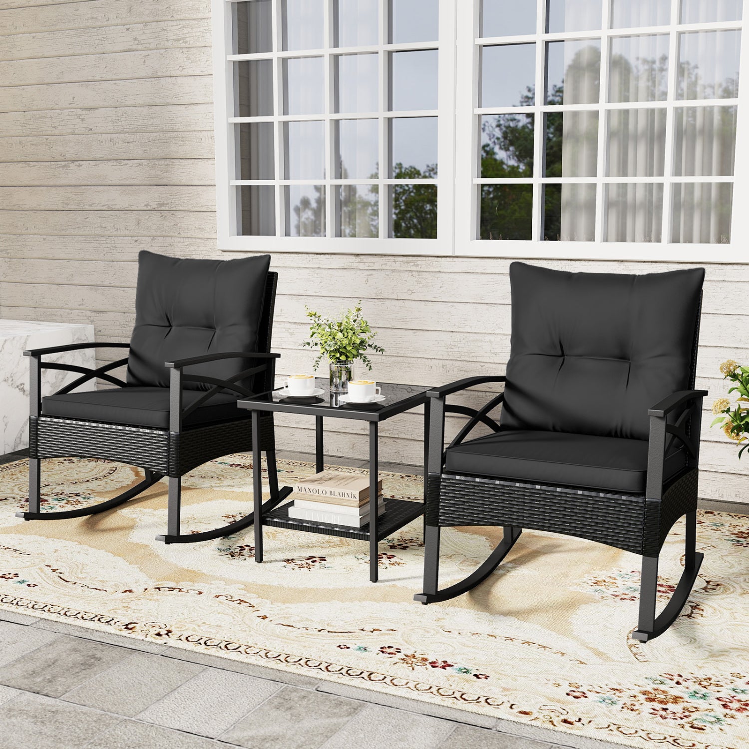 3 Pieces Outdoor Rattan Rocking Chairs Set with 2-Tier Side Table for Garden Backyard-Black