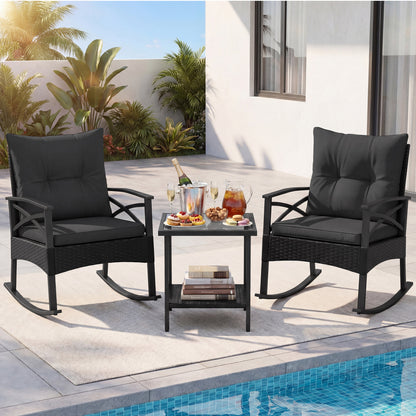 3 Pieces Outdoor Rattan Rocking Chairs Set with 2-Tier Side Table for Garden Backyard-Black