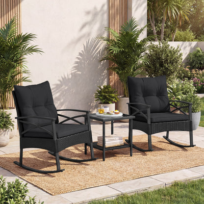3 Pieces Outdoor Rattan Rocking Chairs Set with 2-Tier Side Table for Garden Backyard-Black