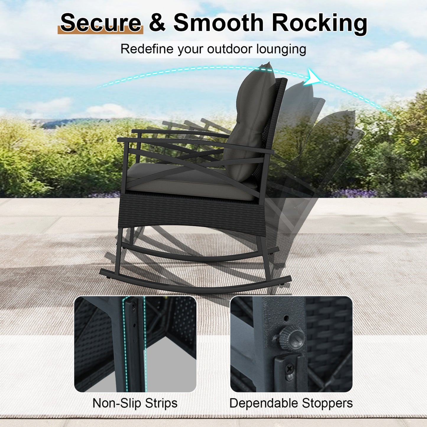 3 Pieces Outdoor Rattan Rocking Chairs Set with 2-Tier Side Table for Garden Backyard-Black