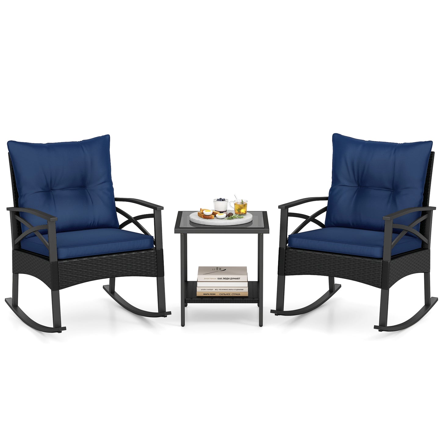 3 Pieces Outdoor Rattan Rocking Chairs Set with 2-Tier Side Table for Garden Backyard-Navy