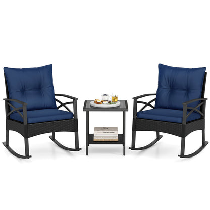 3 Pieces Outdoor Rattan Rocking Chairs Set with 2-Tier Side Table for Garden Backyard-Navy