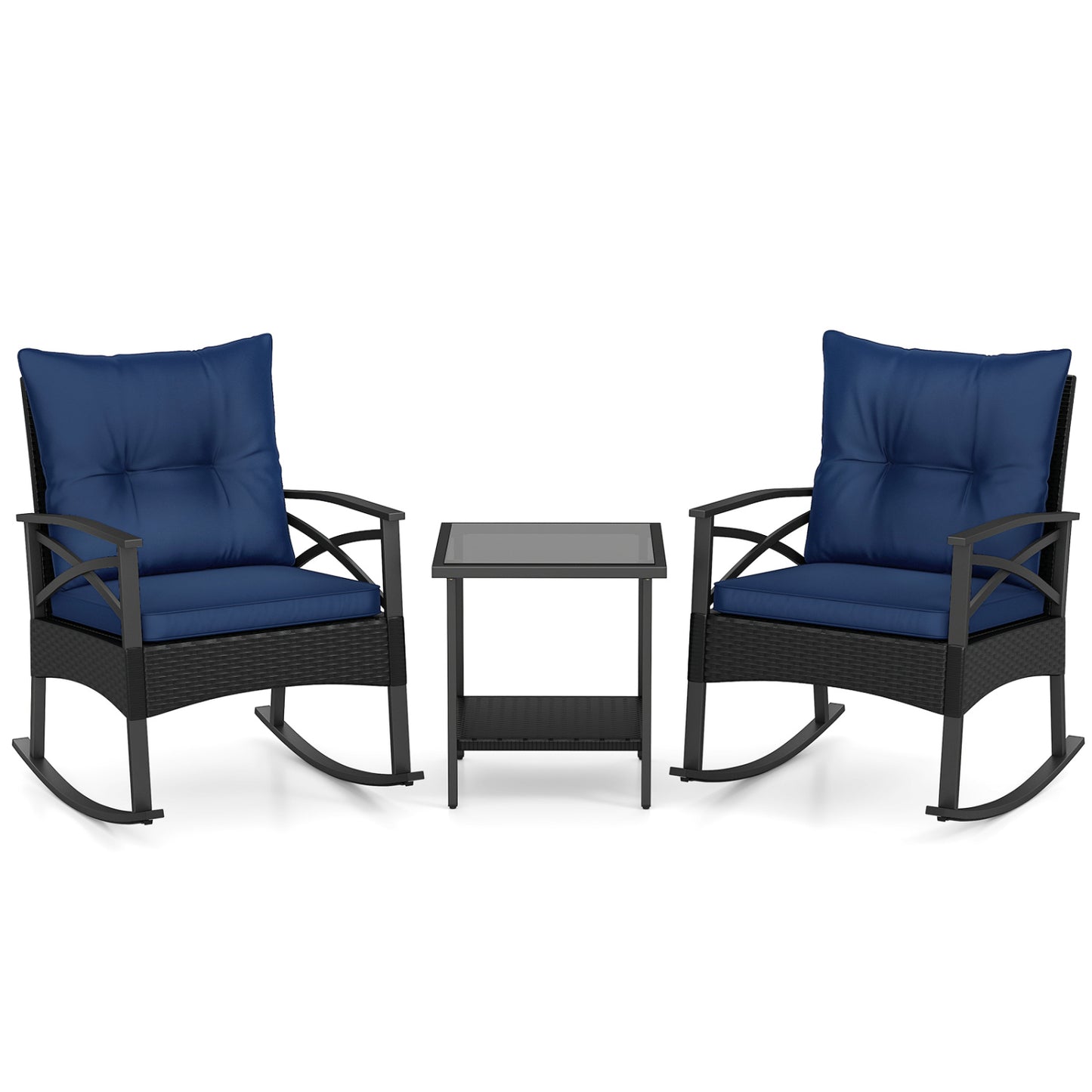 3 Pieces Outdoor Rattan Rocking Chairs Set with 2-Tier Side Table for Garden Backyard-Navy