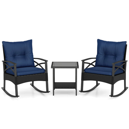 3 Pieces Outdoor Rattan Rocking Chairs Set with 2-Tier Side Table for Garden Backyard-Navy