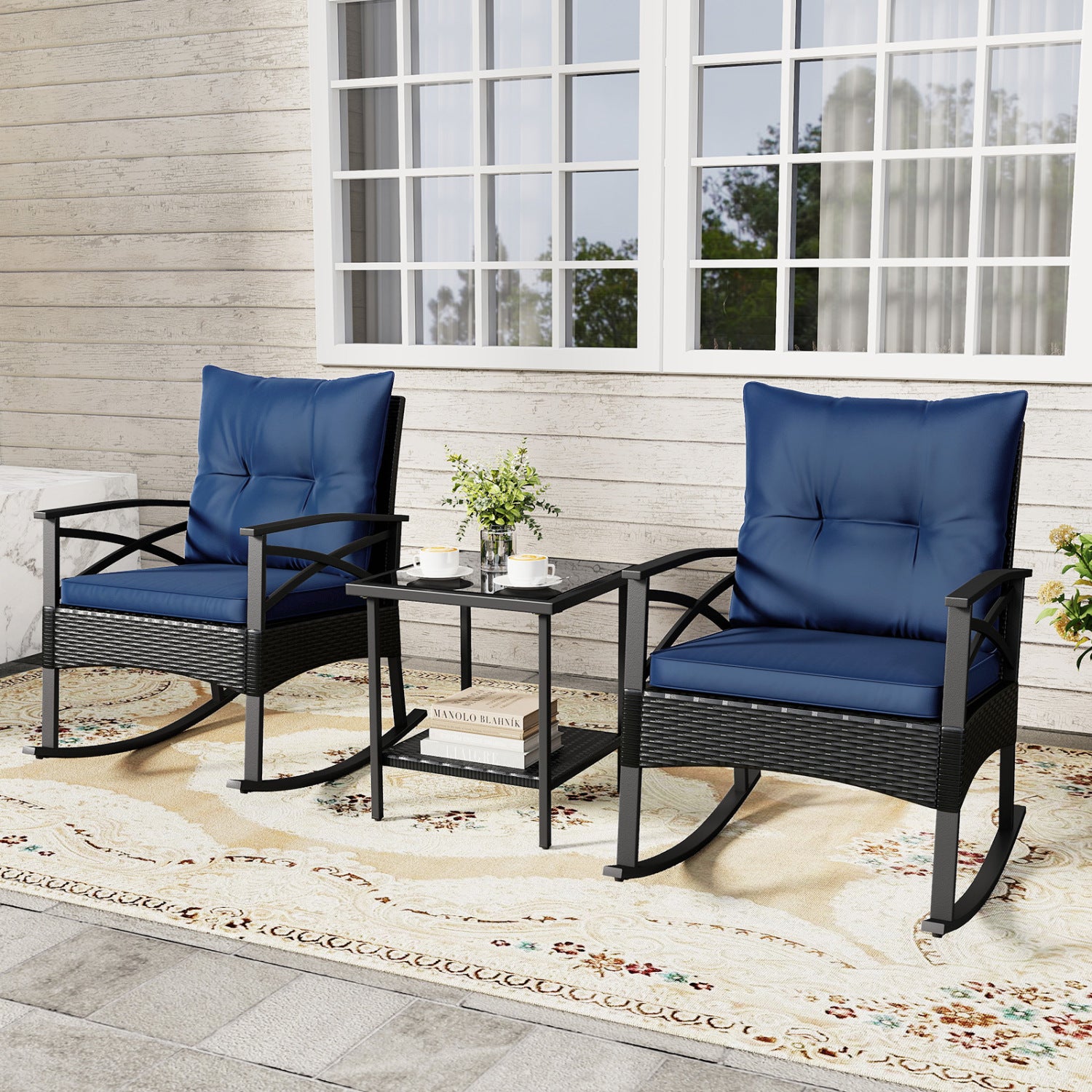 3 Pieces Outdoor Rattan Rocking Chairs Set with 2-Tier Side Table for Garden Backyard-Navy