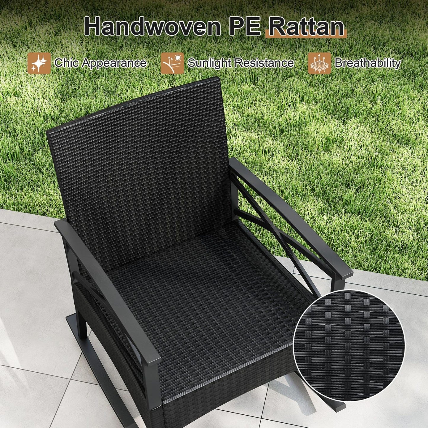 3 Pieces Outdoor Rattan Rocking Chairs Set with 2-Tier Side Table for Garden Backyard-Navy