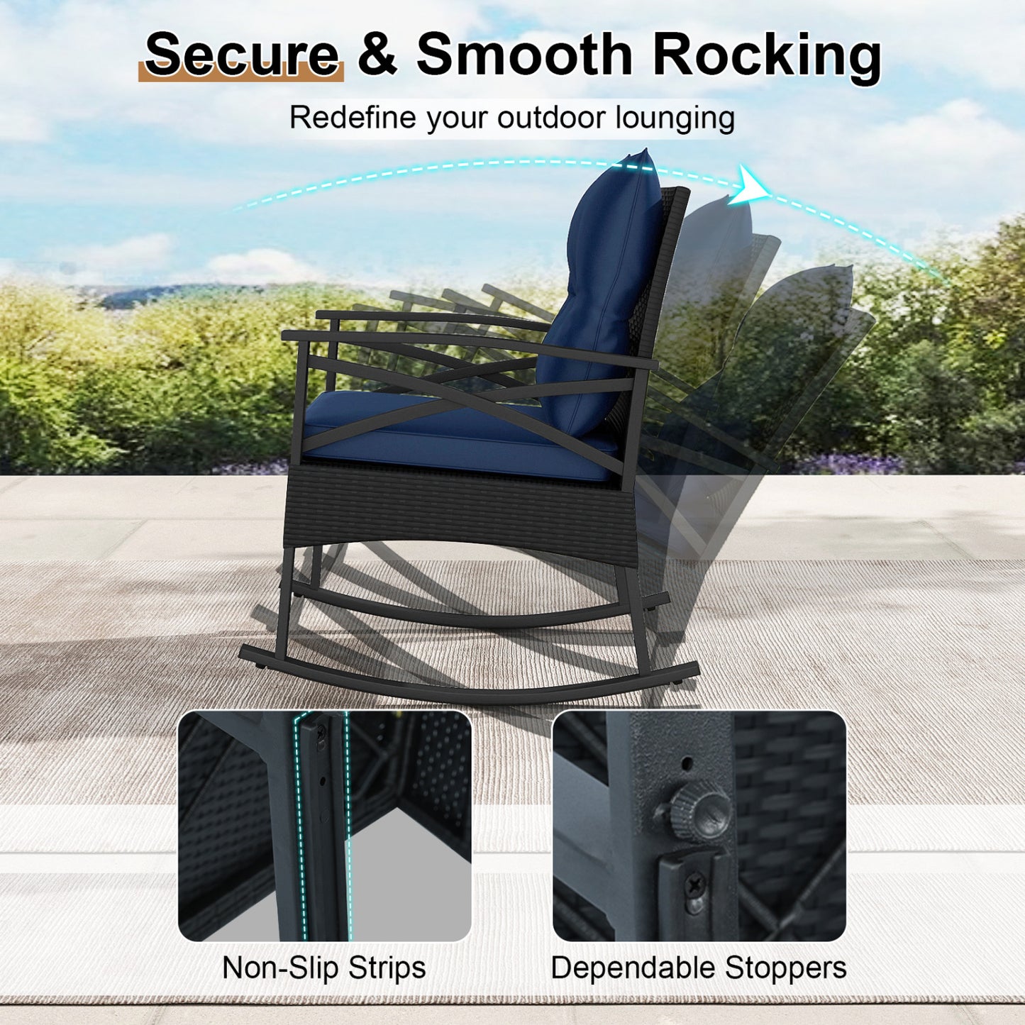 3 Pieces Outdoor Rattan Rocking Chairs Set with 2-Tier Side Table for Garden Backyard-Navy