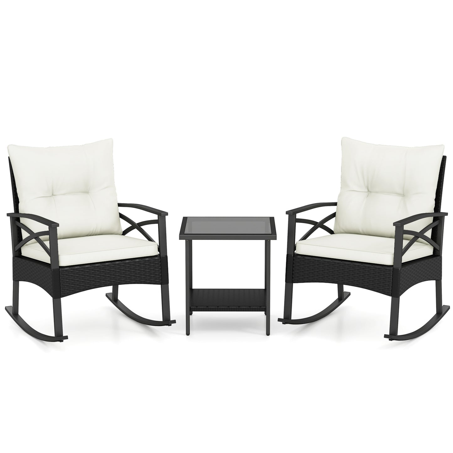 3 Pieces Outdoor Rattan Rocking Chairs Set with 2-Tier Side Table for Garden Backyard-White