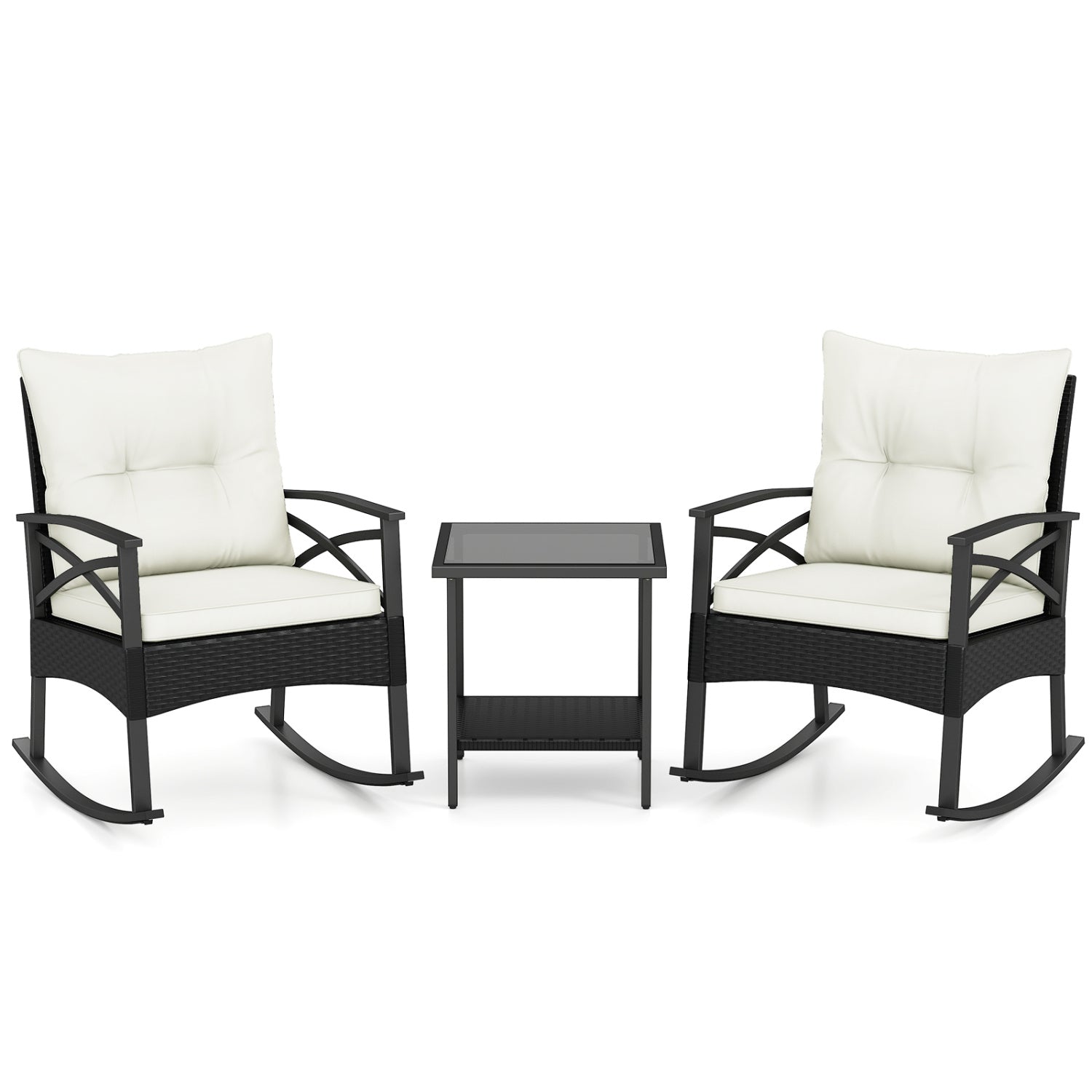 3 Pieces Outdoor Rattan Rocking Chairs Set with 2-Tier Side Table for Garden Backyard-White
