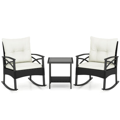 3 Pieces Outdoor Rattan Rocking Chairs Set with 2-Tier Side Table for Garden Backyard-White