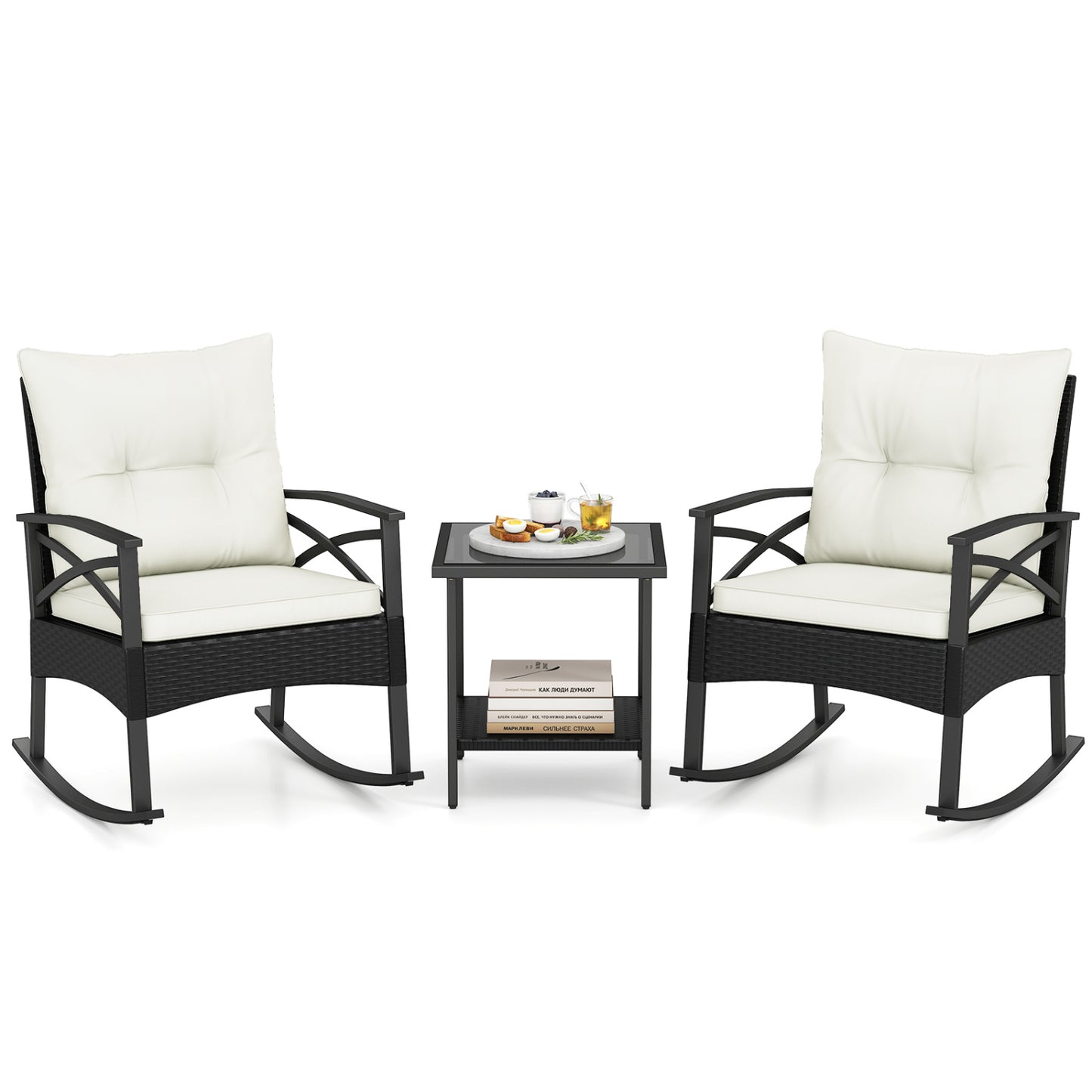 3 Pieces Outdoor Rattan Rocking Chairs Set with 2-Tier Side Table for Garden Backyard-White