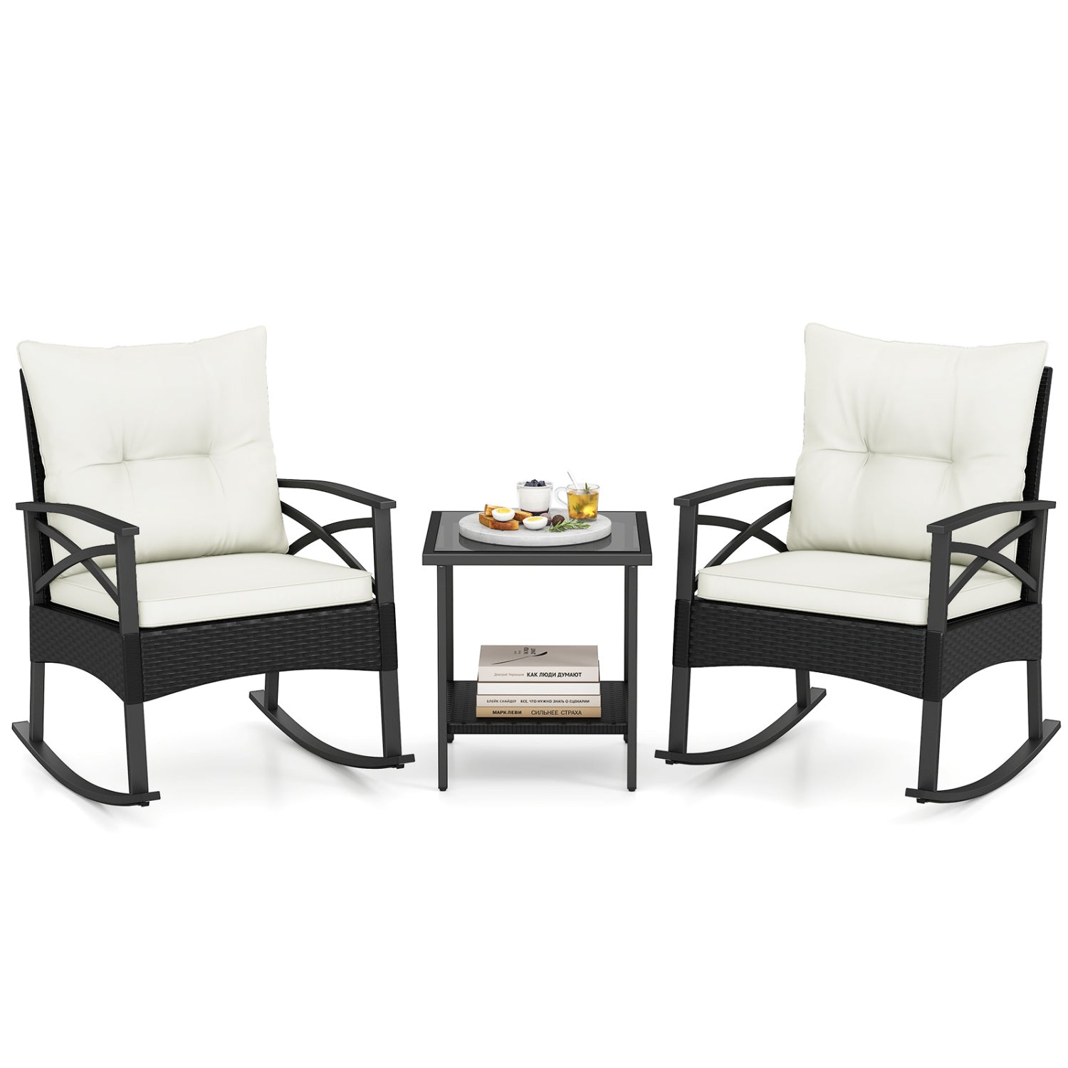 3 Pieces Outdoor Rattan Rocking Chairs Set with 2-Tier Side Table for Garden Backyard-White