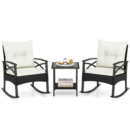 3 Pieces Outdoor Rattan Rocking Chairs Set with 2-Tier Side Table for Garden Backyard-White