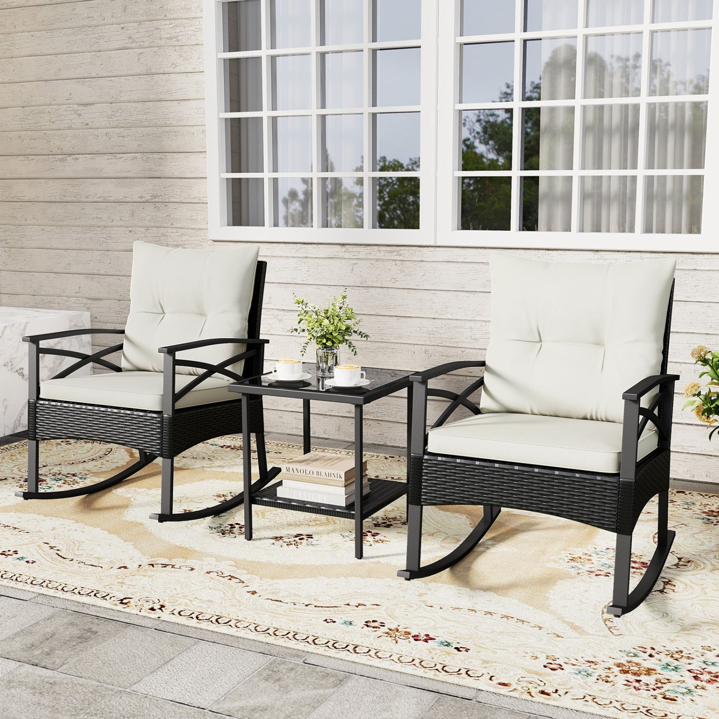 3 Pieces Outdoor Rattan Rocking Chairs Set with 2-Tier Side Table for Garden Backyard-White