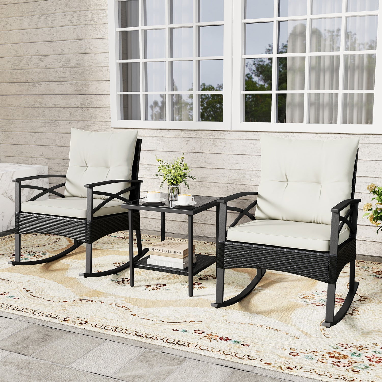 3 Pieces Outdoor Rattan Rocking Chairs Set with 2-Tier Side Table for Garden Backyard-White