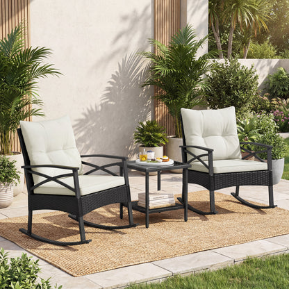 3 Pieces Outdoor Rattan Rocking Chairs Set with 2-Tier Side Table for Garden Backyard-White