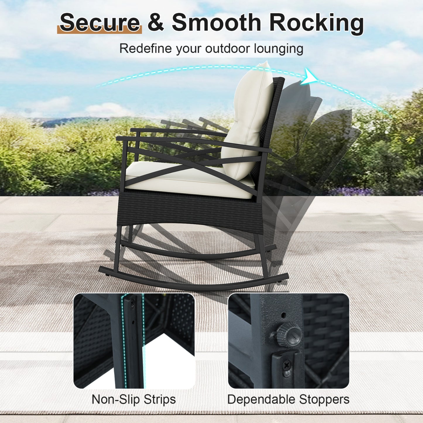 3 Pieces Outdoor Rattan Rocking Chairs Set with 2-Tier Side Table for Garden Backyard-White