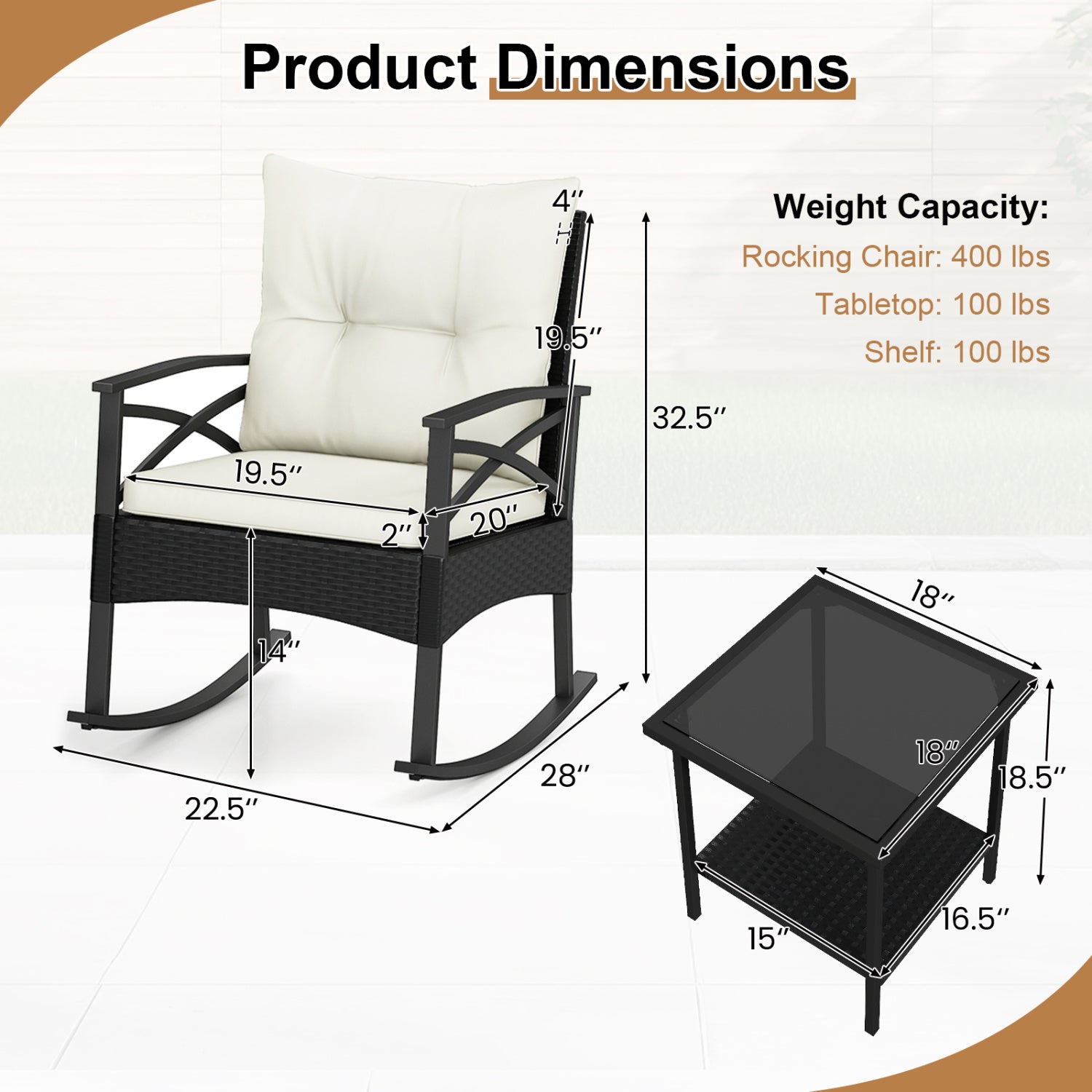 3 Pieces Outdoor Rattan Rocking Chairs Set with 2-Tier Side Table for Garden Backyard-White