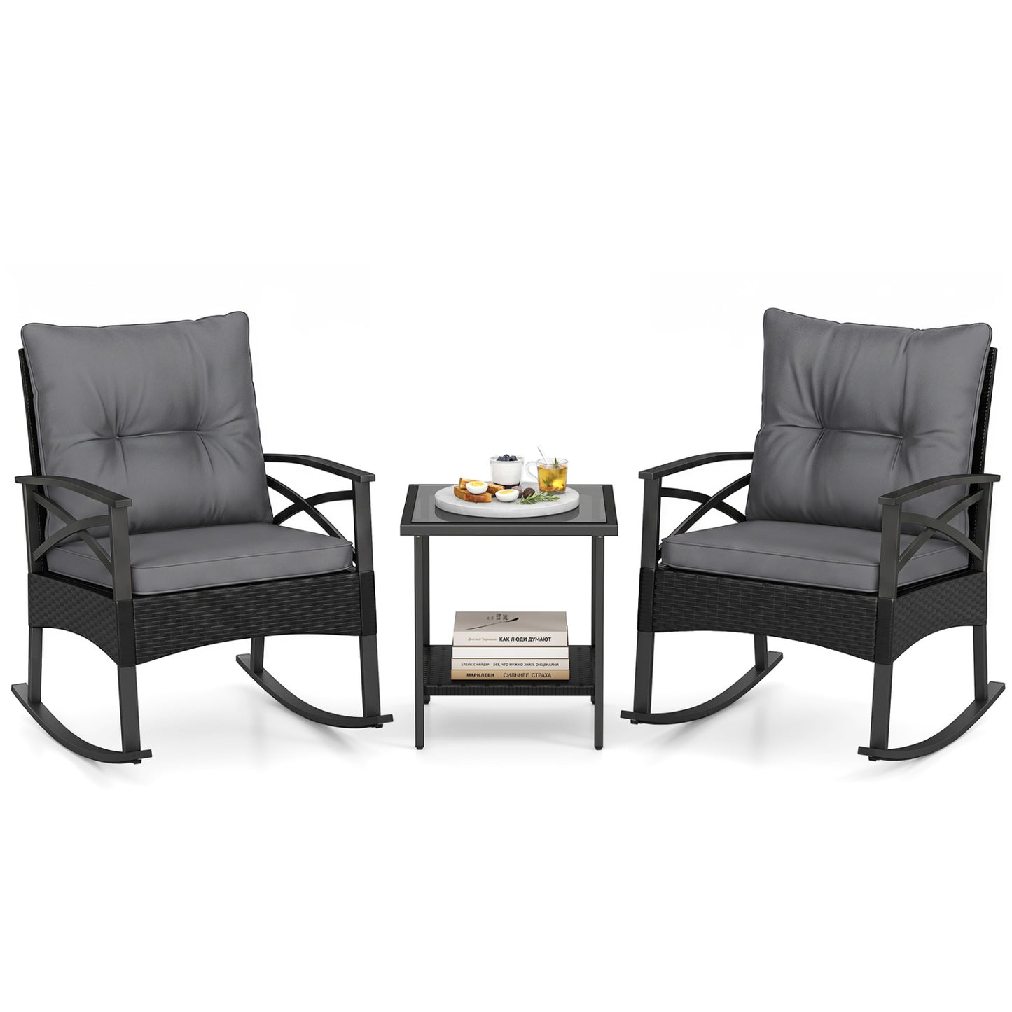 Outdoor Rattan Rocking Chair Set with Side Table - 3 Pieces