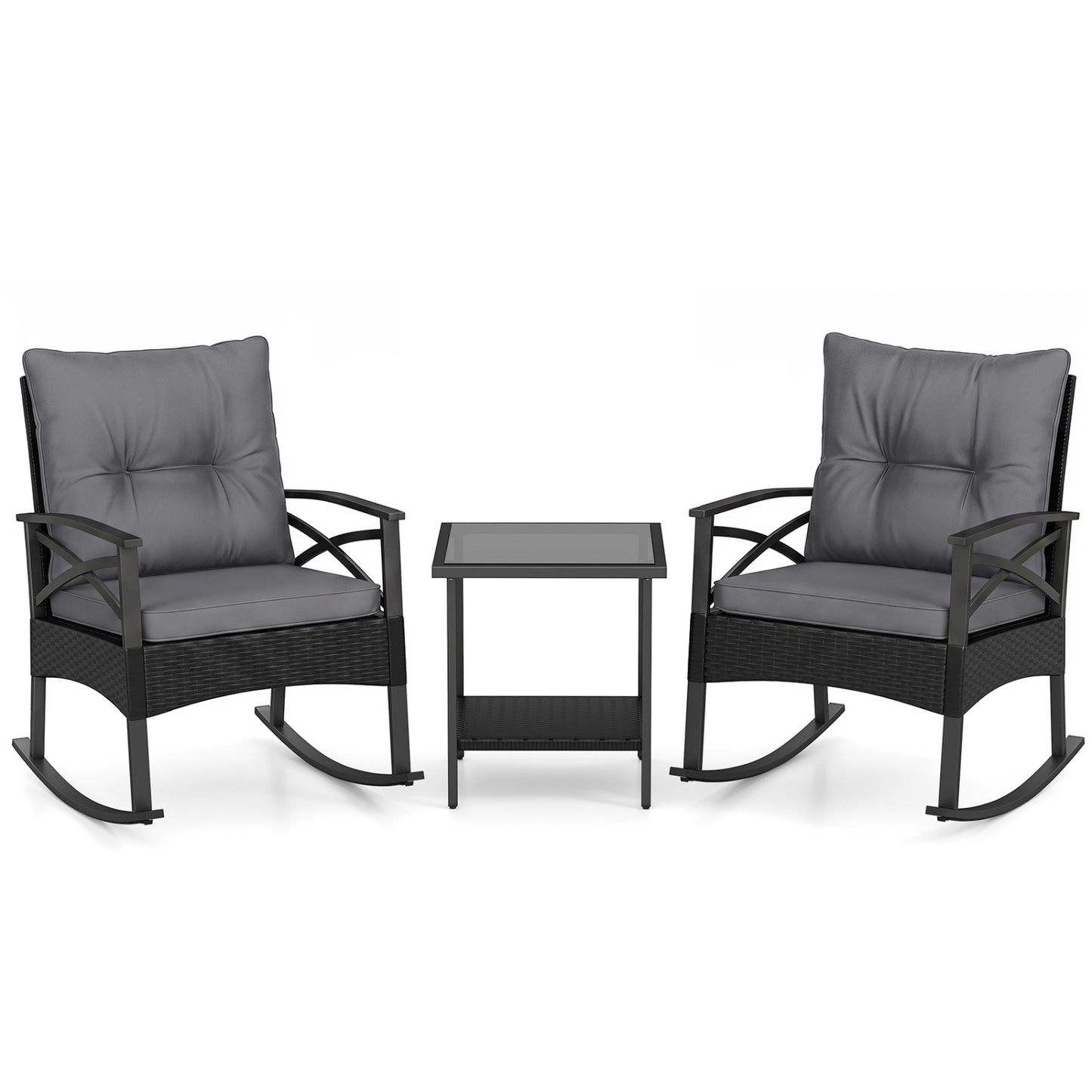 Outdoor Rattan Rocking Chair Set with Side Table - 3 Pieces