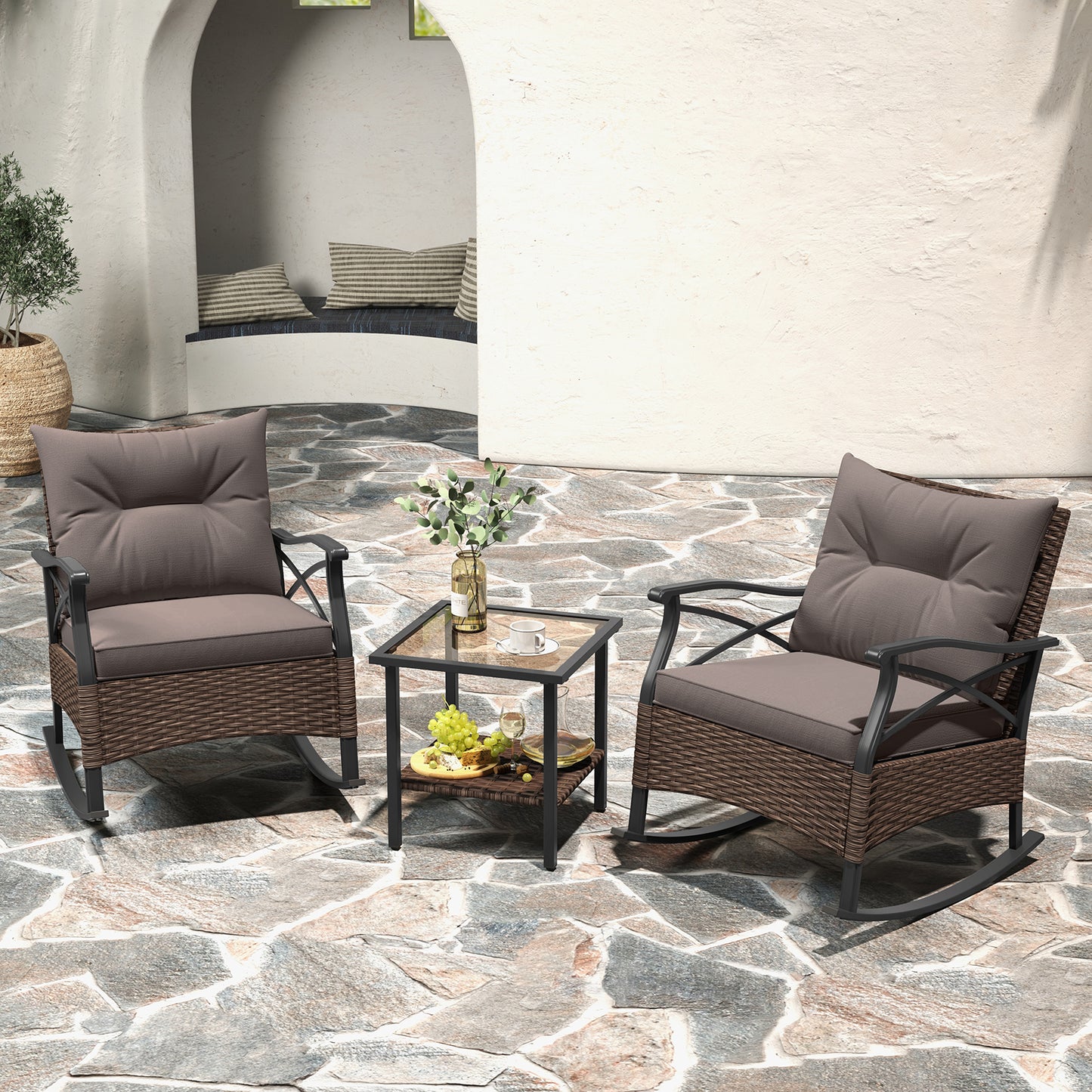 3 Pieces Outdoor Rattan Rocking Chairs Set with  2-Tier Side Table for Garden Backyard-Brown