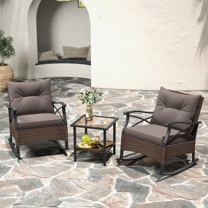 3 Pieces Outdoor Rattan Rocking Chairs Set with  2-Tier Side Table for Garden Backyard-Brown