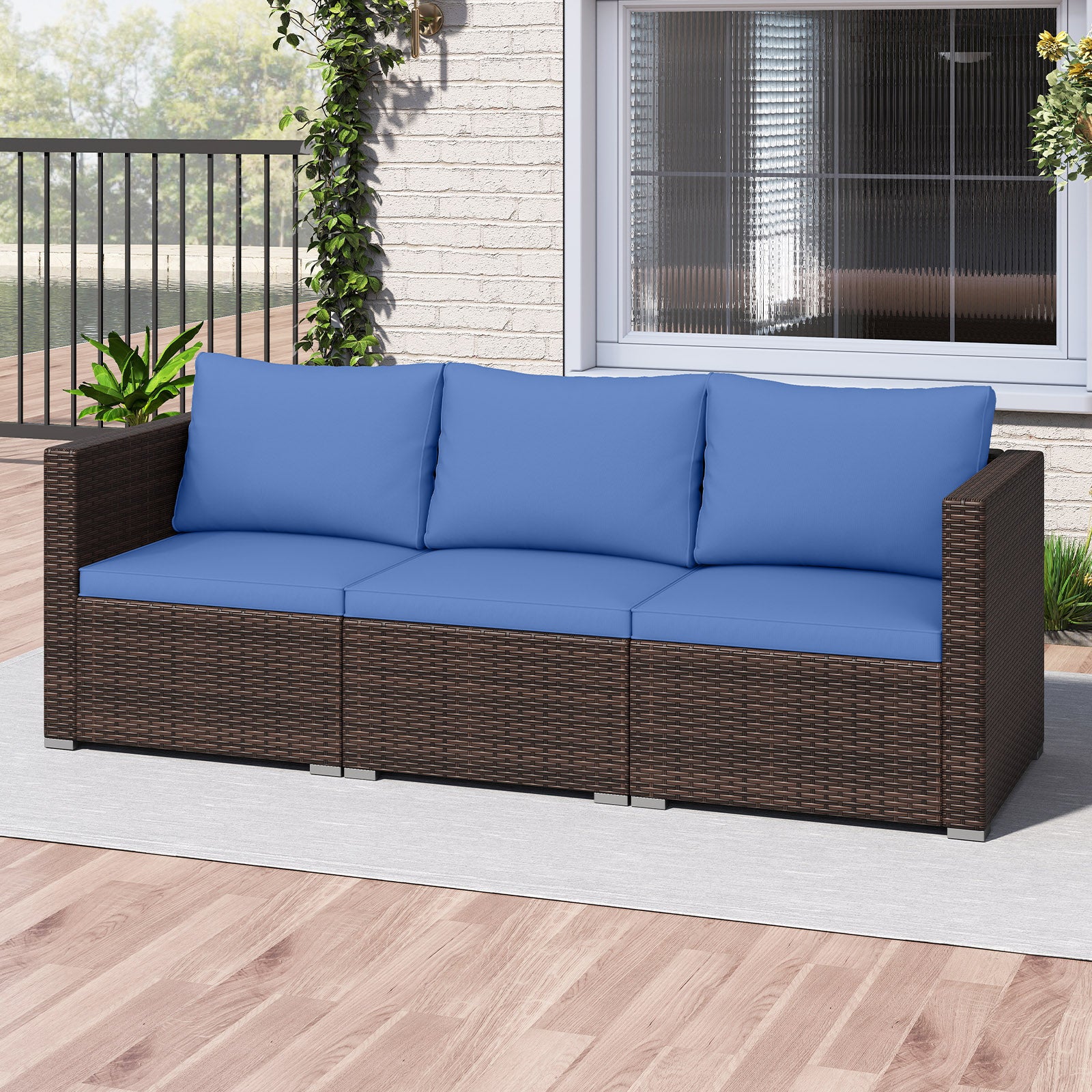 3 Pieces Outdoor Sectional Sofa Set with Soft Cushions-Navy