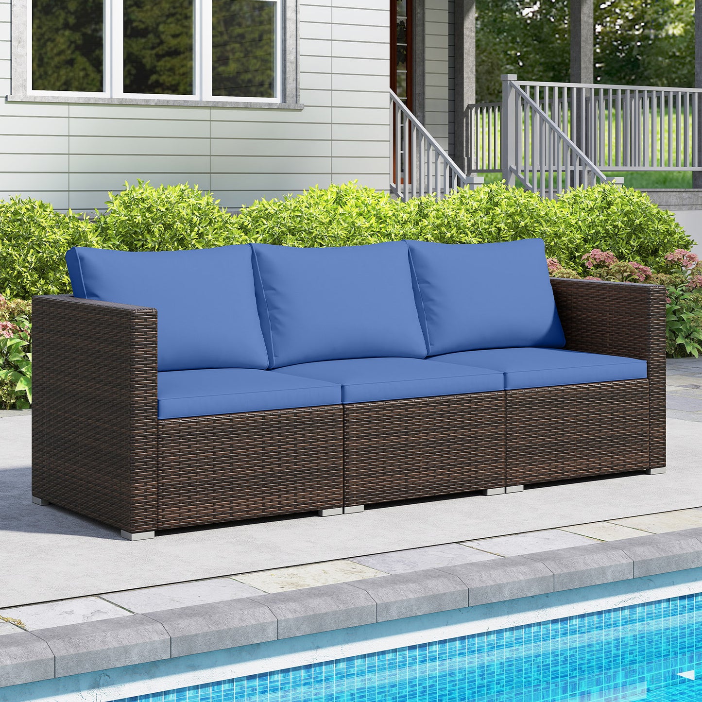 3 Pieces Outdoor Sectional Sofa Set with Soft Cushions-Navy