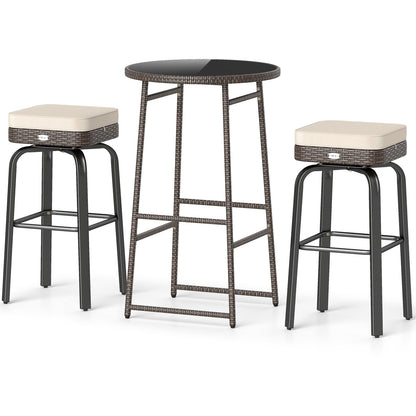 3 Pieces Outdoor Swivel Bar Set PE Rattan Bar Height Table with 2 Chairs-White
