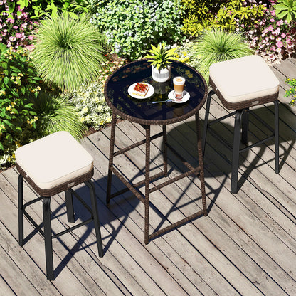 3 Pieces Outdoor Swivel Bar Set PE Rattan Bar Height Table with 2 Chairs-White