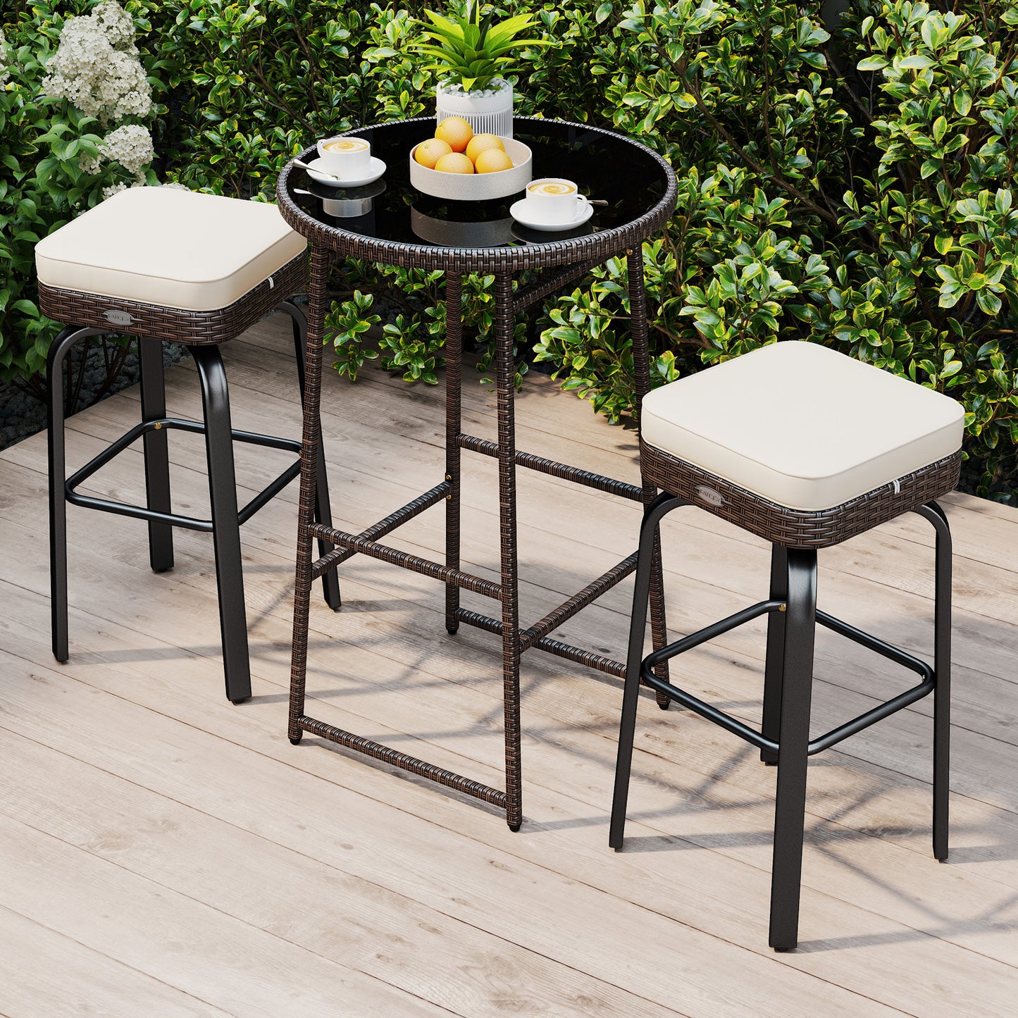 3 Pieces Outdoor Swivel Bar Set PE Rattan Bar Height Table with 2 Chairs-White