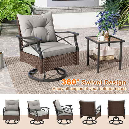 3 Pieces Outdoor Swivel Rocking Chairs Set with 2-Tier Tempered Glass Side Table-Brown