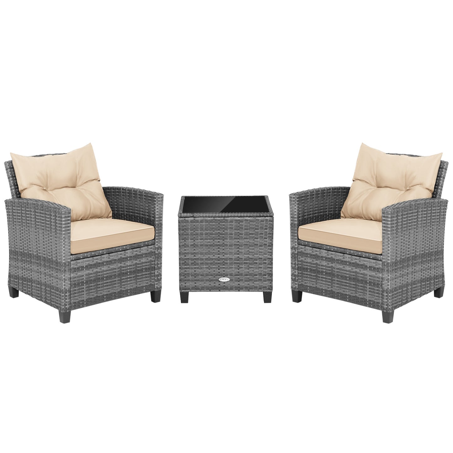 3 Pieces Outdoor Wicker Conversation Set with Tempered Glass Tabletop-Red - Beige