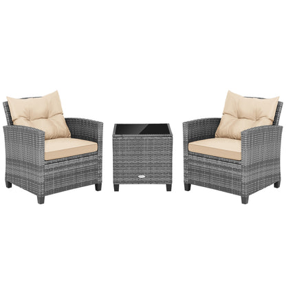 3 Pieces Outdoor Wicker Conversation Set with Tempered Glass Tabletop-Red - Beige