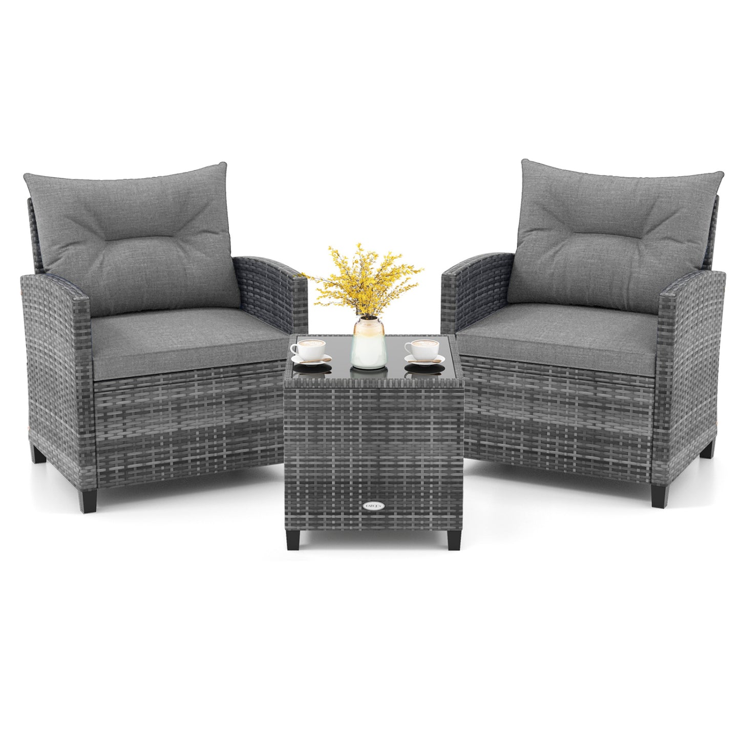 3 Pieces Outdoor Wicker Conversation Set with Tempered Glass Tabletop-Red - Gray