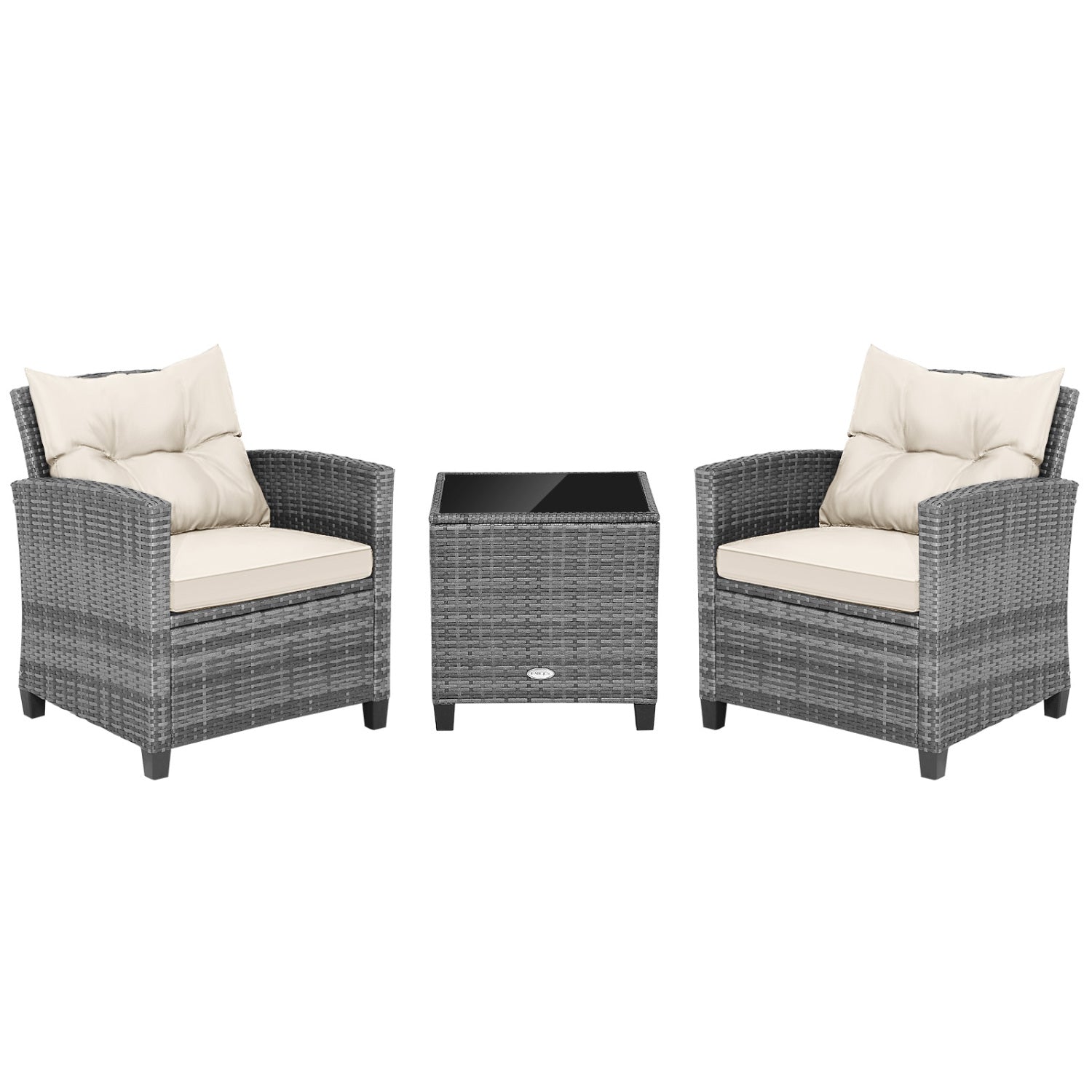3 Pieces Outdoor Wicker Conversation Set with Tempered Glass Tabletop-Red - White