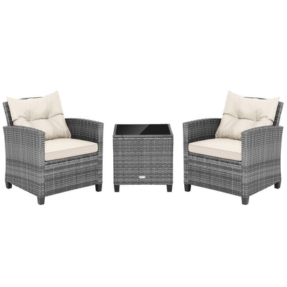 3 Pieces Outdoor Wicker Conversation Set with Tempered Glass Tabletop-Red - White