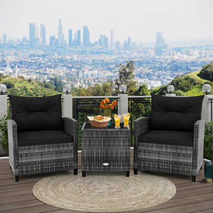3 Pieces Outdoor Wicker Conversation Set with Tempered Glass Tabletop