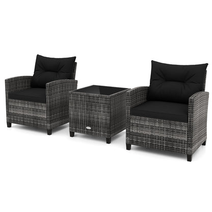 3 Pieces Outdoor Wicker Conversation Set with Tempered Glass Tabletop