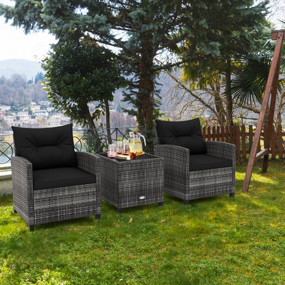 3 Pieces Outdoor Wicker Conversation Set with Tempered Glass Tabletop