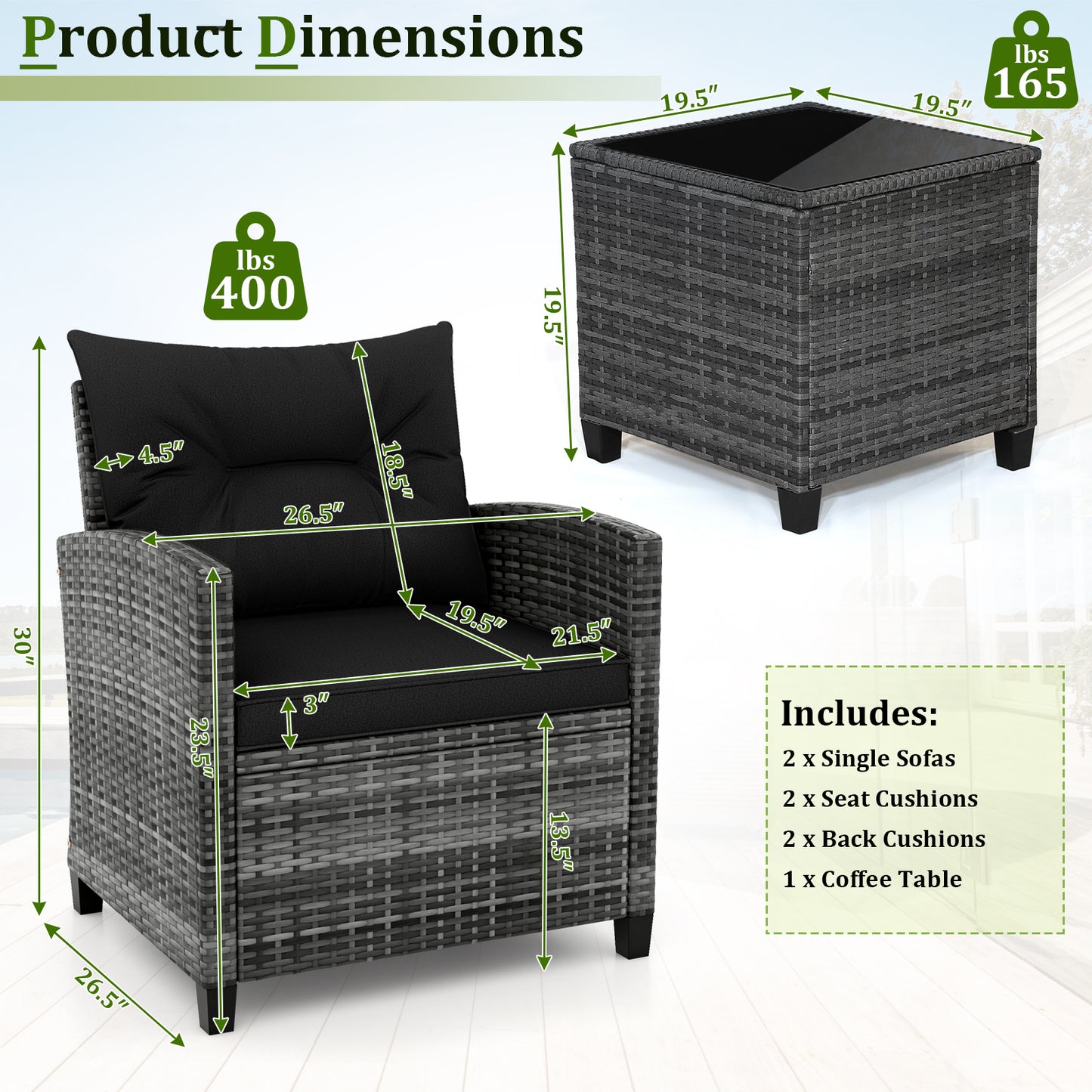 3 Pieces Outdoor Wicker Conversation Set with Tempered Glass Tabletop