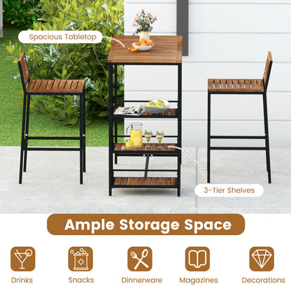3 Pieces Outdoor Wood Bar Set with 3-Tier Storage Shelf and Metal Frame