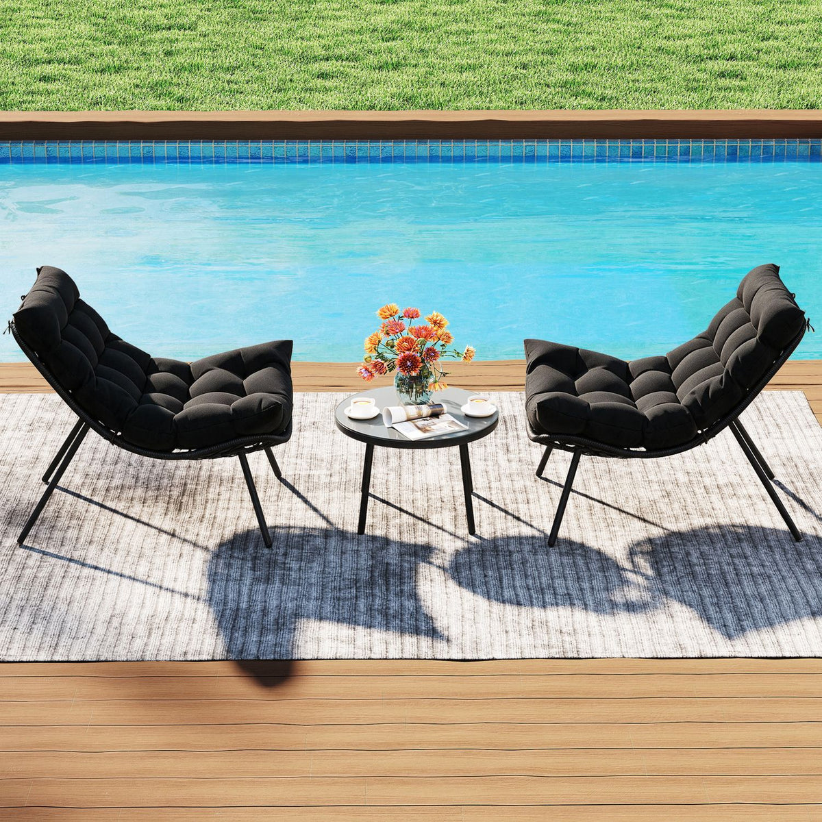 3 Pieces PE Rattan Conversation Set with Cushioned Papasan Chairs-Black