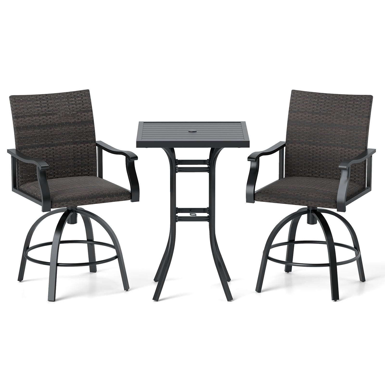 3 Pieces PE Wicker Patio Swivel Bar Set with Quick-Drying Foam-Black