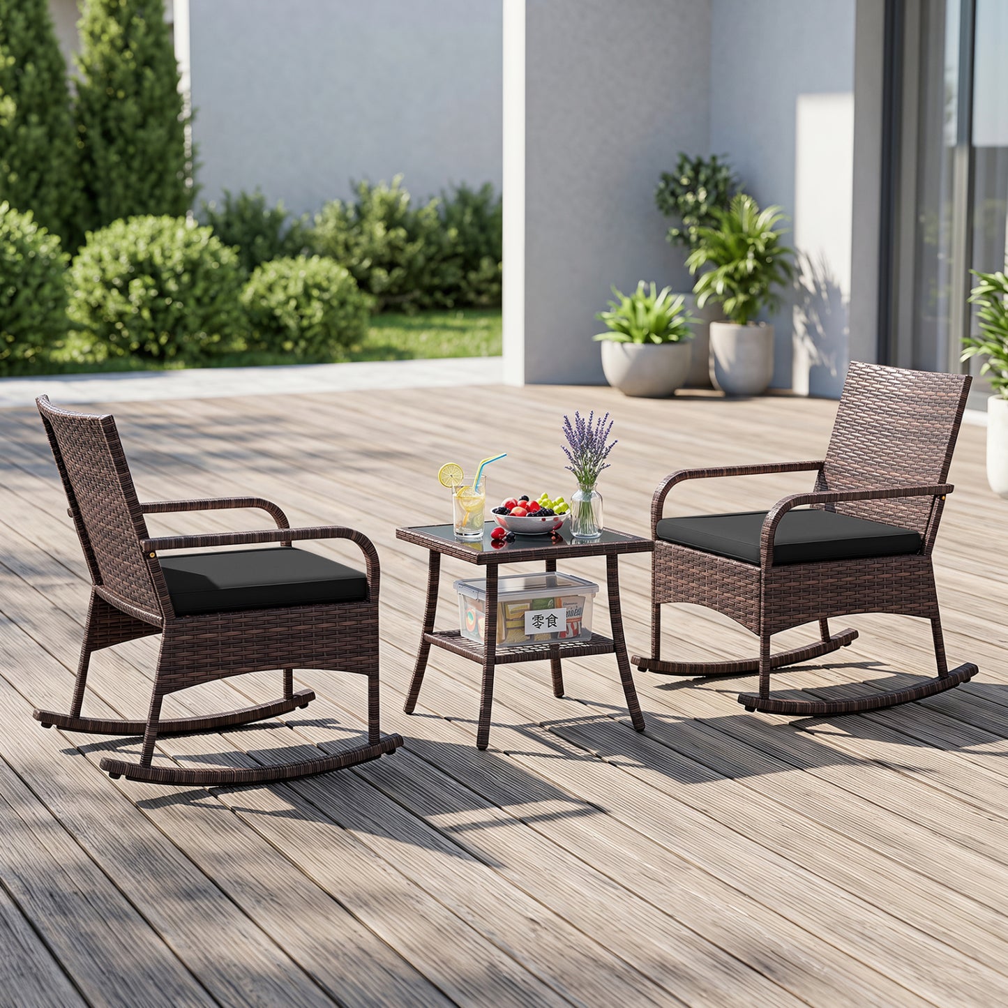 3-Piece Rocking Bistro Set with Cushions & Side Table