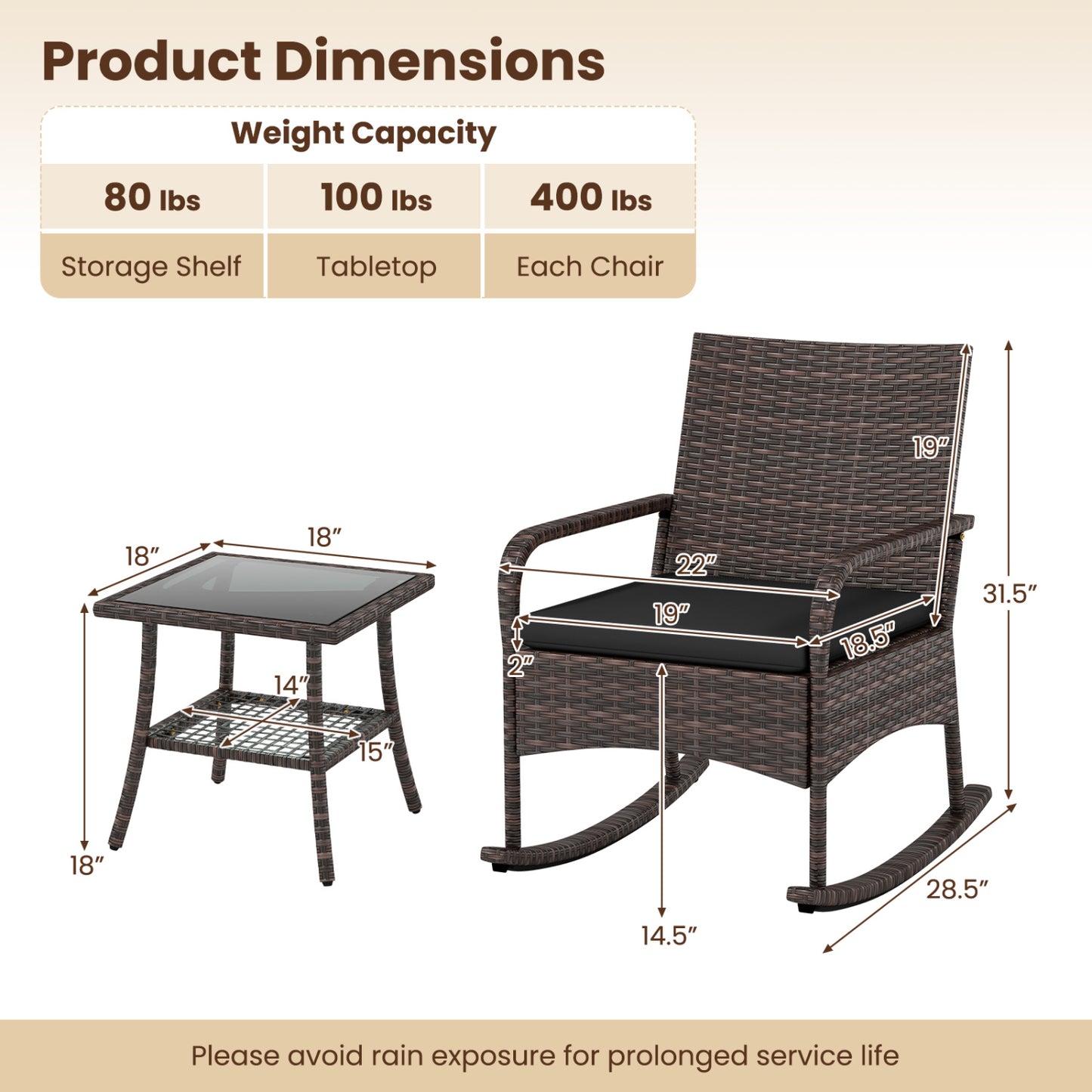 3-Piece Rocking Bistro Set with Cushions & Side Table