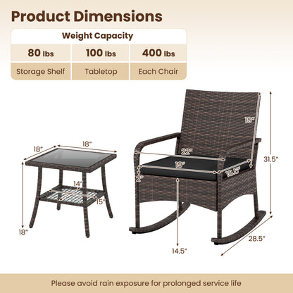 3-Piece Rocking Bistro Set with Cushions & Side Table