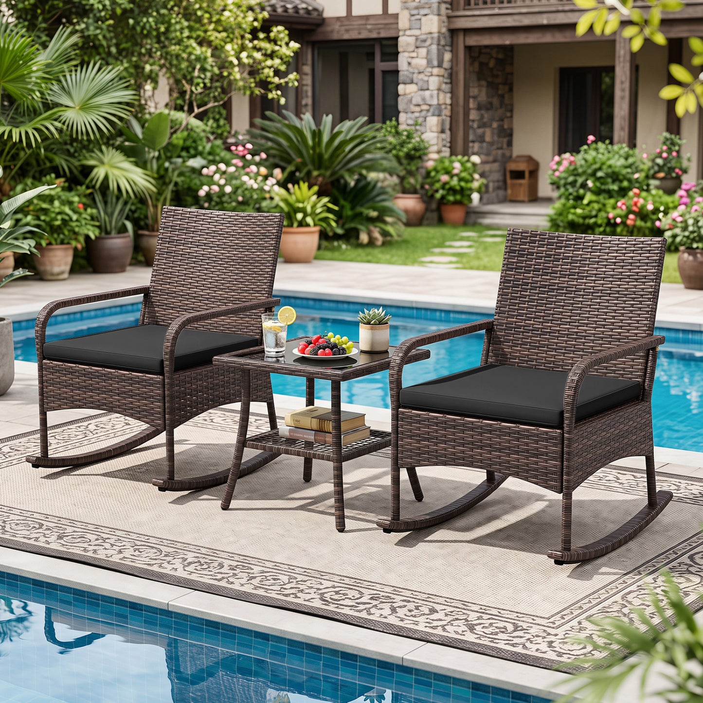 3-Piece Rocking Bistro Set with Cushions & Side Table