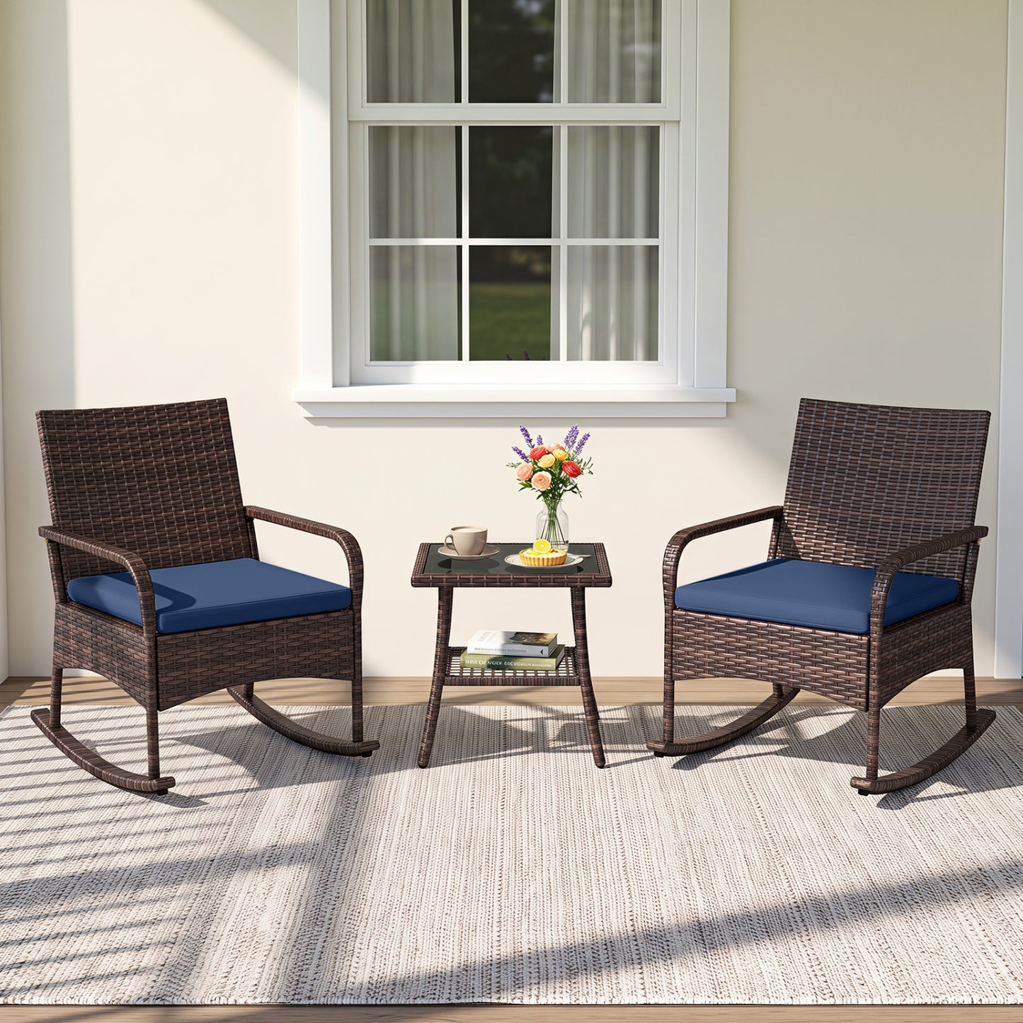 3-Piece Rocking Bistro Set with Cushions & Side Table